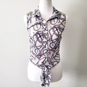 3/$15 * H&M Blouse Nautical Chain Jewel Print Embellished Tie Front Resortwear